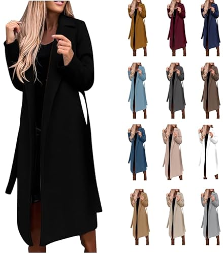 Dyhxuan Damen Trenchcoat Jacke Cardigan Zweireiher Langer Mantel Winddichter Wintermantel Windjacke Übergangsmantel mit Taschen Einfarbig Revers Damenmantel mit Knöpfen Winterjacke von Dyhxuan