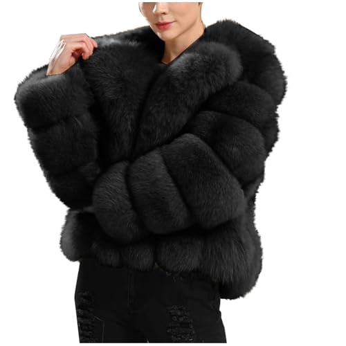 Dyhxuan Felljacke Damen Kurz Kunstpelz Jacke Flauschige Revers Pelzjacke Elegant Plüschjacke Faux Fell Winterjacke Winter Oberbekleidung Open Front Wintermantel Outdoorjacke Kunstpelzjacke von Dyhxuan