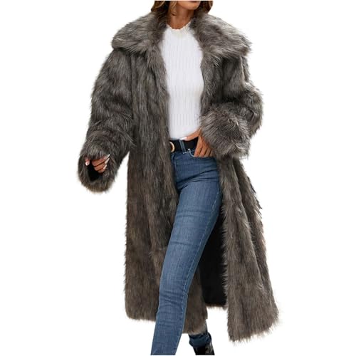 Dyhxuan Felljacke Damen Lang Oversize Kunstfell Mantel Elegant Umlegekragen Pelzmantel Kunstpelz Winterjacke Casual Fellmantel Einfarbig Faux Pelzjacke Flauschige Cardigan Warm Wintermantel Coat von Dyhxuan