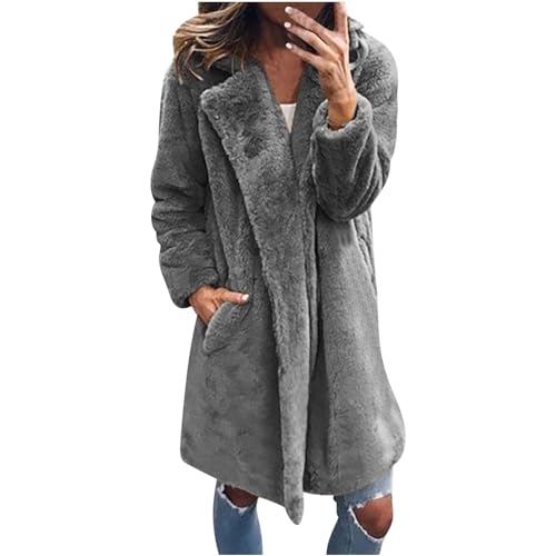 Dyhxuan Felljacke Damen Winter Dicke Kunstpelze Mantel Vintage Einfarbige Wintermantel Langarm Umlegekragen Winterjacke Cardigan Übergangsjacke Kunstfell Mantel mit Tasche Teenager Mädchen Pelzmantel von Dyhxuan