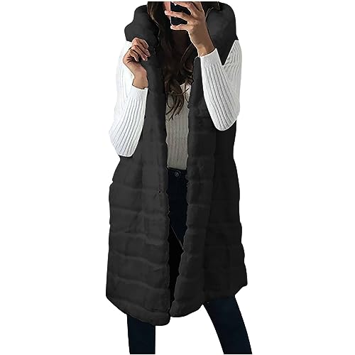 Dyhxuan Fellweste Damen Lang Kunstfell Weste Elegant Faux Fell Winterweste Warm Pelzmantel mit Kapuze Ärmellose Plüschjacke Felljacke Einfarbig Sherpa Winterjacke Longweste Outdoorjacke Westen von Dyhxuan