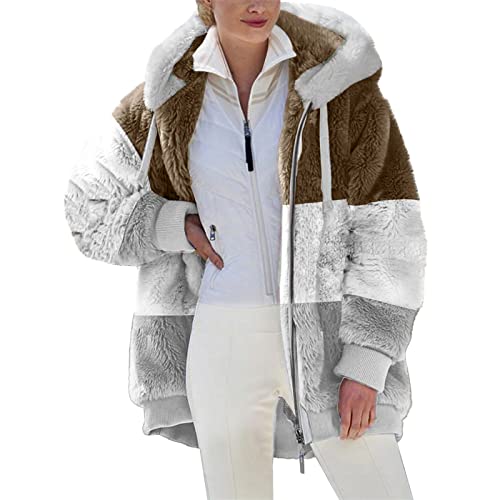 Dyhxuan Fleecejacke Damen,Winterjacke Damen Teddy Fleece Mantel Warm Gefüttert Winter Kapuzenpullover Flauschig Plüschjacke Sweatshirt mit Kapuze und Taschen Reißverschluss Winterjacke Oversize Jacke von Dyhxuan