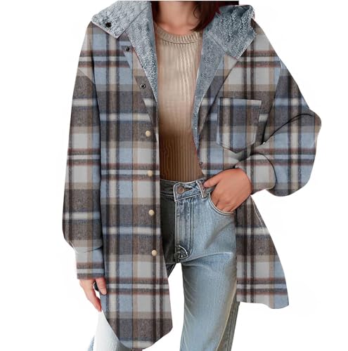 Dyhxuan Fleecejacke Damen Lang Kariert Wollmantel Fleece Übergangsjacke mit Kapuze Druckknopf Winterjacke mit Brusttaschen Wärme Langarm Jacke Wintermantel Farbblock Fleecemantel Mantel Coat von Dyhxuan