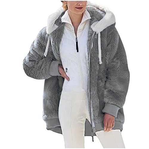 Dyhxuan Fleecejacke Damen Mode Einfarbige Winterjacke Langarm Übergangsjacke mit Reißverschluss Teddy Plüschjacke mit Kapuze Teenager Mädchen Softshelljacke Große Größen Outdoorjacke Kapuzenjacke von Dyhxuan