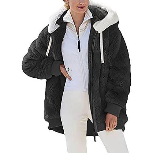 Dyhxuan Fleecejacke Damen Mode Einfarbige Winterjacke Langarm Übergangsjacke mit Reißverschluss Teddy Plüschjacke mit Kapuze Teenager Mädchen Softshelljacke Große Größen Outdoorjacke Kapuzenjacke von Dyhxuan