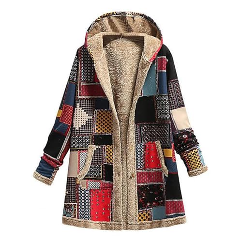 Dyhxuan Fleecejacke Damen Vintage Nationaler Stil Winterjacke Fleecejacke Langarm Kapuze Teddy Wintermantel Warm Gefüttert Fleece Plüschjacke Herbst Winter Outdoorjacke Mantel Übergangsjacke S-5XL von Dyhxuan