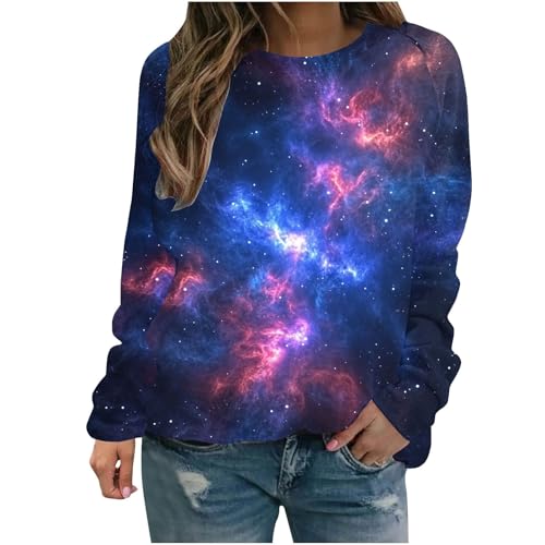 Dyhxuan Galaxy Kostüm Damen 3D Galaxy Druck Sweatshirt Locker Rundhals Longshirt Galaxie Bedrucken Pullover Modisches Sternenhimmel Langarmshirt Winter Frühling Pulli Tops Karnevalskostüme von Dyhxuan