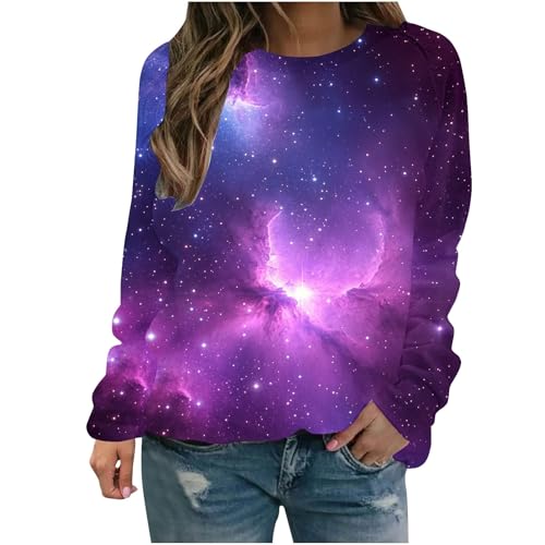 Dyhxuan Galaxy Kostüm Damen 3D Galaxy Druck Sweatshirt Locker Rundhals Longshirt Galaxie Bedrucken Pullover Modisches Sternenhimmel Langarmshirt Winter Frühling Pulli Tops Karnevalskostüme von Dyhxuan