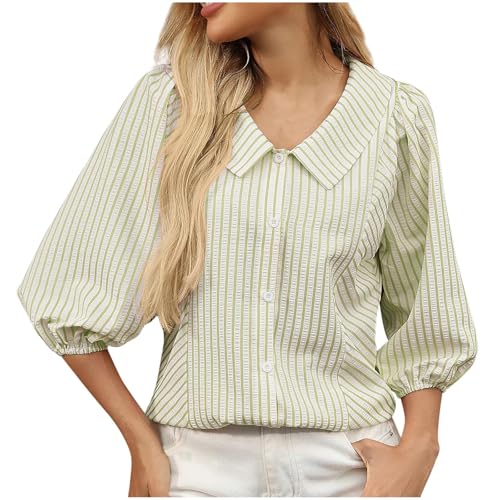 Dyhxuan Gestreifte Bluse Damen 3/4 Arm Sommer Oberteile Umlegekragen Hemdbluse Mode Streifen Shirt Puffärmel Damenblusen Leicht Sommer Blusenshirt Elegant Ringelshirt Loose Sommerblusen Top von Dyhxuan