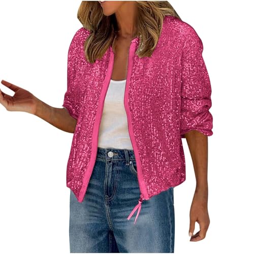 Dyhxuan Glitzer Jacke Damen Pailletten Bomberjacke Party Festlich Freizeitjacke Langarm Paillettenjacke mit Reißverschluss Mode Streetwear Coat von Dyhxuan