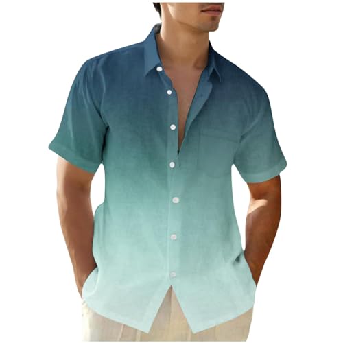 Dyhxuan Hemd Herren Farbverlauf Sommer Hemden Kurzarm V-Ausschnitt Herrenhemd Button Down Revers Freizeithemd Leicht Kurzarmhemd Modishces Sommerhemd Große Größen Männer Baumwolle Hemd S-5XL von Dyhxuan