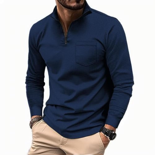 Dyhxuan Hemd Herren Langarm Reißverschluss Stehkragen Poloshirt Einfarbig Waffel Langarmshirt Regular Fit Casual Golfshirts Atmungsaktives Golf Shirt Männer Basic Polohemd Freizeithemd Herrenhemden von Dyhxuan