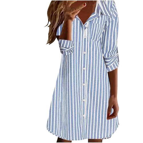 Dyhxuan Hemdblusenkleid Damen Langarm Gestreiftem Hemdkleid Knielang Revers Blusenkleid Sommerkleid Leicht Shirtkleid Streifen Freizeitkleider Sommer Autumn Tunikakleid von Dyhxuan