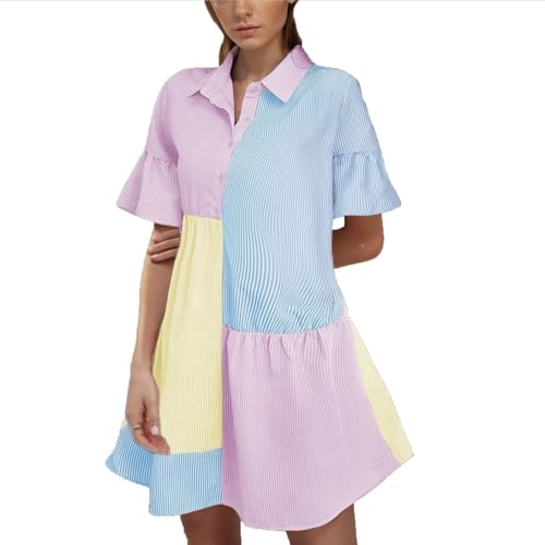Dyhxuan Hemdblusenkleid Damen Modische Farbblock Patchwork Blusenkleid 1/3 Knöpfe Minikleid mit V-Ausschnitt Kurzarm Sommerkleid Revers A-Linie Kleider Locker Bequeme Hemdkleid Freizeitkleid von Dyhxuan