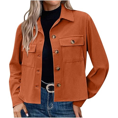 Dyhxuan Hemdjacke Damen Kurz Cordjacke mit Tasche Button Down Übergangsjacke Dünne Langarm Corduroy Jacke Elegant Revers Langarmshirt Einfarbig Hemd Regular Fit Freizeitjacke Modisches Oberteile von Dyhxuan