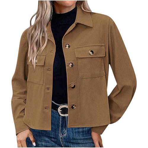 Dyhxuan Hemdjacke Damen Kurz Cordjacke mit Tasche Button Down Übergangsjacke Dünne Langarm Corduroy Jacke Elegant Revers Langarmshirt Einfarbig Hemd Regular Fit Freizeitjacke Modisches Oberteile von Dyhxuan