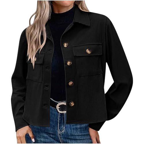 Dyhxuan Hemdjacke Damen Kurz Cordjacke mit Tasche Button Down Übergangsjacke Dünne Langarm Corduroy Jacke Elegant Revers Langarmshirt Einfarbig Hemd Regular Fit Freizeitjacke Modisches Oberteile von Dyhxuan