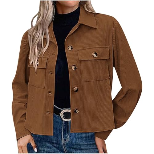 Dyhxuan Hemdjacke Damen Kurz Cordjacke mit Tasche Button Down Übergangsjacke Dünne Langarm Corduroy Jacke Elegant Revers Langarmshirt Einfarbig Hemd Regular Fit Freizeitjacke Modisches Oberteile von Dyhxuan