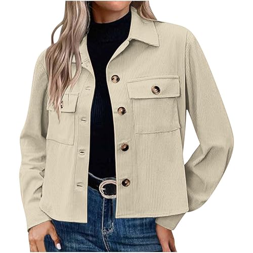 Dyhxuan Hemdjacke Damen Kurz Cordjacke mit Tasche Button Down Übergangsjacke Dünne Langarm Corduroy Jacke Elegant Revers Langarmshirt Einfarbig Hemd Regular Fit Freizeitjacke Modisches Oberteile von Dyhxuan