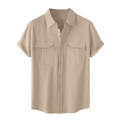 Dyhxuan Herren Kurzarm Hemd Button Down Leinenhemd Loose Fit Freizeithemd mit Zwei Brusttaschen Einfarbig Revers Freizeithemden Lässig Arbeit Hemden Männer Musselin Hemd Leicht Kurzarmhemd Herrenhemd von Dyhxuan