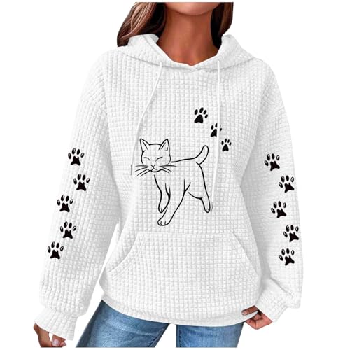 Dyhxuan Hoodie Damen Lustiges Katze Motive Kapuzenpullover Locker Waffel Pullover Casual Hoody mit Kapuze Langarm Sweatshirt Klassisch Kordelzug Kapuzenpulli Outdoor Langarmshirt Sport Streetwear von Dyhxuan