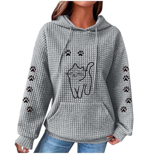Dyhxuan Hoodie Damen Lustiges Katze Motive Kapuzenpullover Locker Waffel Pullover Casual Hoody mit Kapuze Langarm Sweatshirt Klassisch Kordelzug Kapuzenpulli Outdoor Langarmshirt Sport Streetwear von Dyhxuan