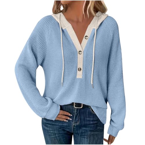 Dyhxuan Hoodie Damen Oversize Waffel Pullover Farbblock V Ausschnitt Sweatshirt Knopfleiste Langarmshirt mit Kapuze Ladies Freizeit Kapuzenpullover Tops Langarm Oberteile Hoody Mode Hoodies für Damen von Dyhxuan