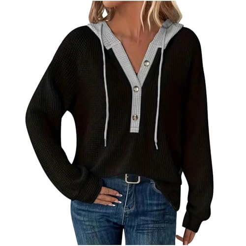 Dyhxuan Hoodie Damen Oversize Waffel Pullover Farbblock V Ausschnitt Sweatshirt Knopfleiste Langarmshirt mit Kapuze Ladies Freizeit Kapuzenpullover Tops Langarm Oberteile Hoody Mode Hoodies für Damen von Dyhxuan