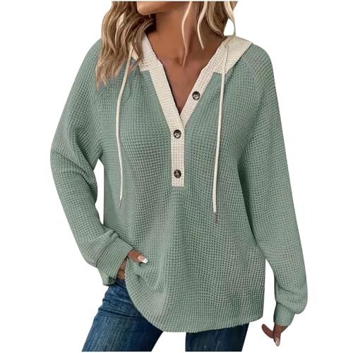 Dyhxuan Hoodie Damen Oversize Waffel Pullover Farbblock V Ausschnitt Sweatshirt Knopfleiste Langarmshirt mit Kapuze Ladies Freizeit Kapuzenpullover Tops Langarm Oberteile Hoody Mode Hoodies für Damen von Dyhxuan