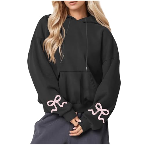 Dyhxuan Hoodie Damen Schleifen-Print Pullover Oversize Langarm Sweatshirt Freizeit Baumwolle Kapuzenpullover Kordelzug Kapuzenpulli Oberteile Fleece Langarmshirt Hoody mit Kapuze Trendy Pulli 2025 von Dyhxuan