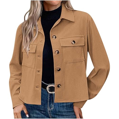Dyhxuan Jacke Damen Kurz Übergangs Langarm Herbstjacke Klassisch Revers Hemdjacke Casual Cordjacke mit Knöpfe Elegant Hemd mit Brusttaschen Cropped Übergangsjacke Vintage Cordhemd Langarmshirt von Dyhxuan