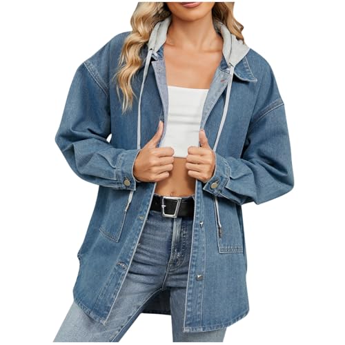 Dyhxuan Jeansjacke Damen Vintage Jeans Jacke mit Kapuze Button Down Denim Jacket Casual Langarm Übergangsjacke Oversize Mantel Autumn Winter Freizeitjacke von Dyhxuan