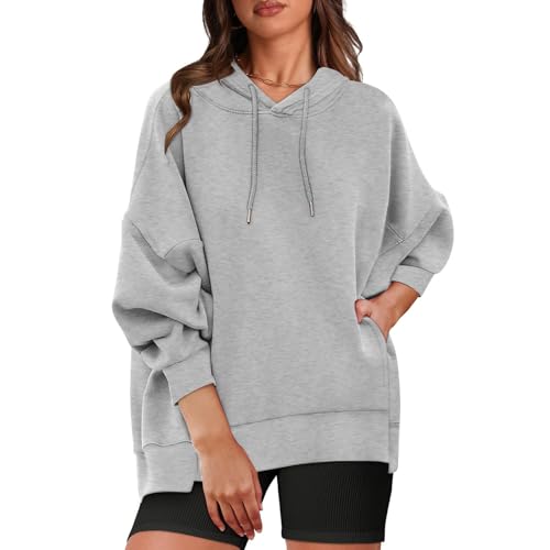 Dyhxuan Kapuzenpullover Damen Einfarbig Pullover mit Tasche Oversize Kordelzug Hoodie Sweatshirt Autumn Langarmshirt Übergangs Pulli Überschnittene Schulterärmel Oberteile Trendy Kapuzenpulli 2024 von Dyhxuan