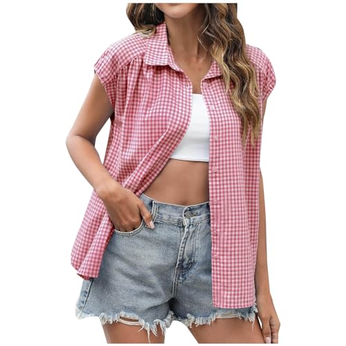Dyhxuan Kariert Bluse Damen Sommer Kurzarm Hemd Button Down Revers Shirt Modisches Karo Blusenshirt Dünne Sommerhemd Elegant Hemdbluse Casual Karoshirt Damenblusen von Dyhxuan