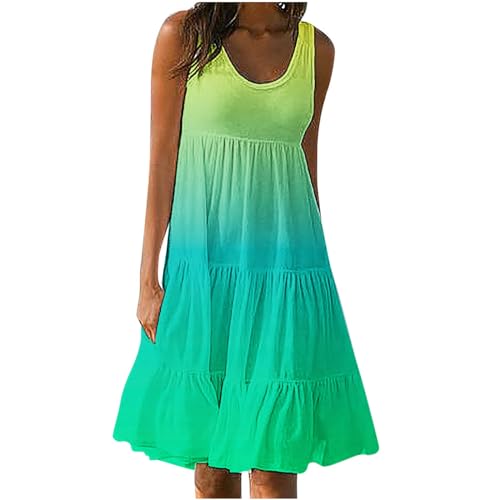Dyhxuan Kleid Damen Ärmellos Strandkleid mit U-Ausschnitt Lässig Farbverlaufdruck Sommerkleid Geschichtetes Spleißen Tunika Kleid Knielang Falten Midikleid Große Größen A-Linie Kleider S-5XL von Dyhxuan