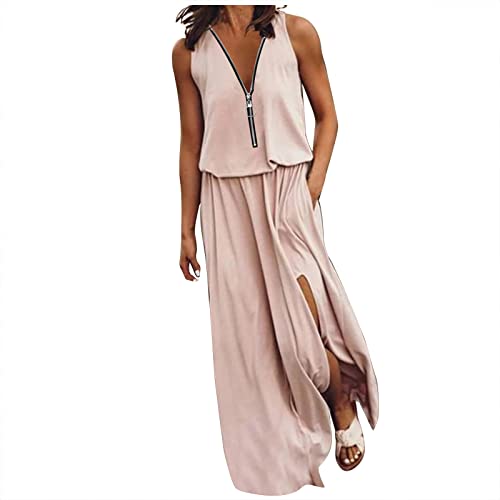 Dyhxuan Kleider Damen Mode Einfarbige Maxikleid Sexy V-Ausschnitt mit Reißverschluss Sommerkleid Ärmellos Schlitz Partykleid Bodenlang Urlaubskleid Lose Freizeitkleid mit Taschen Hauskleid von Dyhxuan
