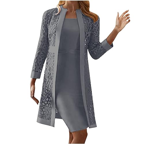 Dyhxuan Kleider Zweiteiliges Set Damen Einfarbige Abendkleid + Langarm Spitze Cardigan Jacke ärmellos Ballkleid mit Roundhals Knielang Cocktailkleid Partykleid Abiballkleid Brautjungfern Kleid von Dyhxuan