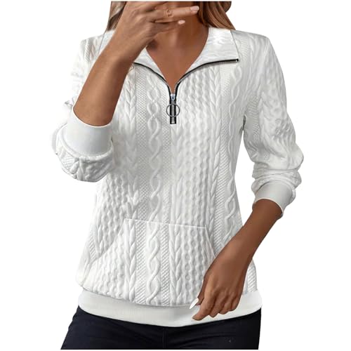 Dyhxuan Langarmshirt Damen 1/4 Zip Pullover Stehkragen Oberteile Einfarbig Bluse mit Jacquard Casual Langarm Shirt Elegant Blusenshirt mit Tasche von Dyhxuan