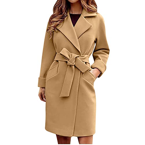 Dyhxuan Langer Trenchcoat mit Gürtel Damen Mantel Eleganter Windbreaker Frühlingsjacke Winterjacke Umlegekragen übergangsjacke Klassische Winddichter Wollmantel Lang Warm Bomberjacke Windjacke von Dyhxuan