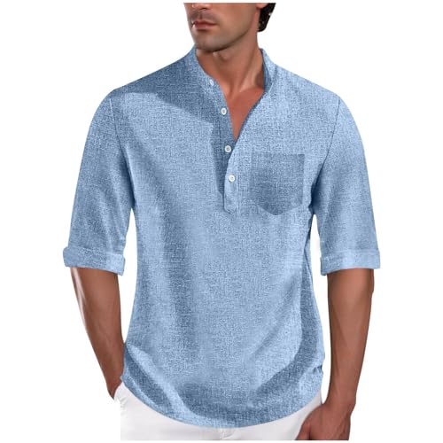 Dyhxuan Leinenhemd Herren 3/4 Arm Sommerhemd Knöpfe Stehkragen Hemd Vintage Musselin Hemden mit Tasche Regular Fit Freizeithemd Strandhemd Casual Herrenhemden Shirts von Dyhxuan