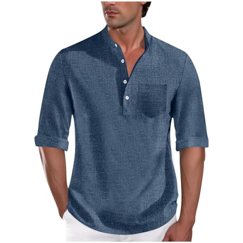 Dyhxuan Leinenhemd Herren 3/4 Arm Sommerhemd Knöpfe Stehkragen Hemd Vintage Musselin Hemden mit Tasche Regular Fit Freizeithemd Strandhemd Casual Herrenhemden Shirts von Dyhxuan