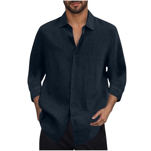 Dyhxuan Leinenhemd Herren Vintage Sommer Hemd 3/4 Arm Revers Herrenhemden Button Down Freizeithemd Einfarbig Leinen Hemden Leicht Strandhemd Männer Atmungsaktiv Sommerhemd Leinenshirt Businesshemden von Dyhxuan