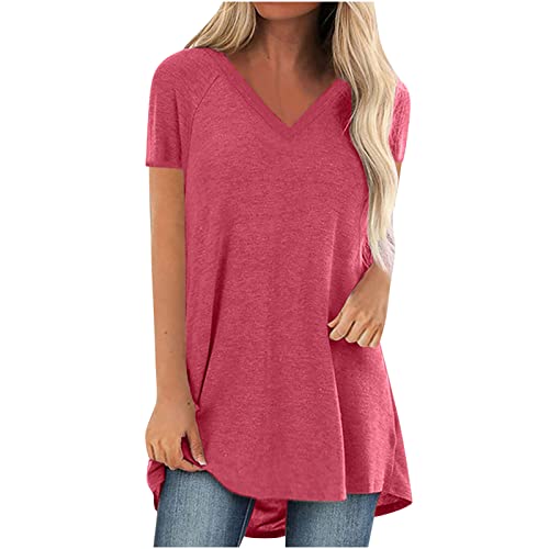 Dyhxuan Longshirt Damen Sommer Lang T-Shirt Lässig Blumendruck Longbluse Kurzarm Rundhals Tshirt Damen Große Größen Longtops Oversize Tunika Longpullover Sommershirts Locker Lang Pullover Sommerbluse von Dyhxuan