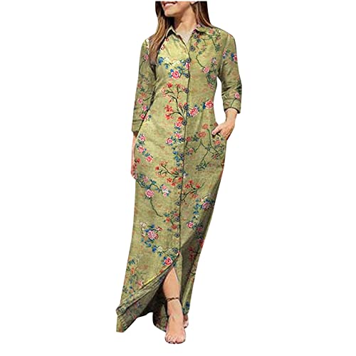 Dyhxuan Maxikleid Damen Sommer Einfarbige Jeanskleid Mode Lang Blusenkleid Langarm Umlegekragen Hemdkleid Freizeitkleid mit Taschen Sommerkleid Partykleid Strandkleid Knöchellang Urlaubskleid von Dyhxuan
