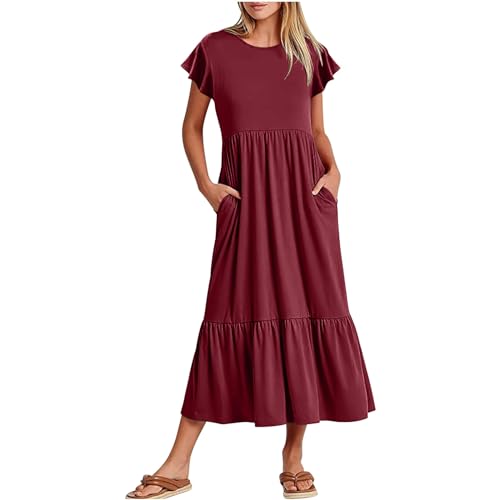 Dyhxuan Maxikleid Damen Sommer Einfarbige Strandkleid Kurzarm Rundhals Sommerkleid Patchwork Tshirt Kleid A-Linie Kleider mit Doppelte Taschen Knöchellang Freizeitkleid Locker Falten Urlaubskleid von Dyhxuan