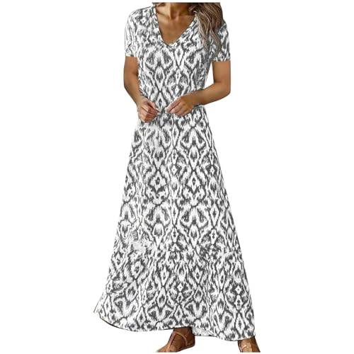 Dyhxuan Maxikleid Damen Sommer V-Ausschnitt Blusenkleid Modische 3D Druck Sommerkleid Kurzarm Strandkleid Knöchellang A-Linie Kleider Große Größen Tshirtkleid Skaterkleid Urlaubskleid XL-5XL von Dyhxuan