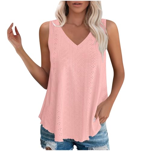 Dyhxuan Meine bestellungen anzeigen Tanktops Damen Elegant Sommer Ärmellose Oberteile Öse Stickerei Einfarbig Top V-Ausschnitt Tanktop Basic Bluse Trägertop Leicht Blusentops Sommertop von Dyhxuan
