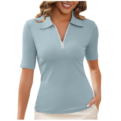 Dyhxuan Poloshirt Damen Kurzarm Polohemd Einfarbig Tennis Shirts Gerippt Strick Top Zipper V-Ausschnitt Oberteile Business Arbeit T Shirt Elegant Bluse Tunika Leicht Kurzarmshirt Revers Blusen von Dyhxuan