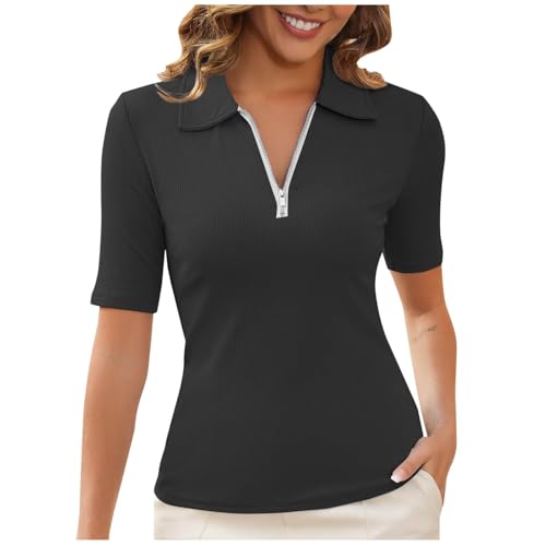 Dyhxuan Poloshirt Damen Kurzarm Polohemd Einfarbig Tennis Shirts Gerippt Strick Top Zipper V-Ausschnitt Oberteile Business Arbeit T Shirt Elegant Bluse Tunika Leicht Kurzarmshirt Revers Blusen von Dyhxuan