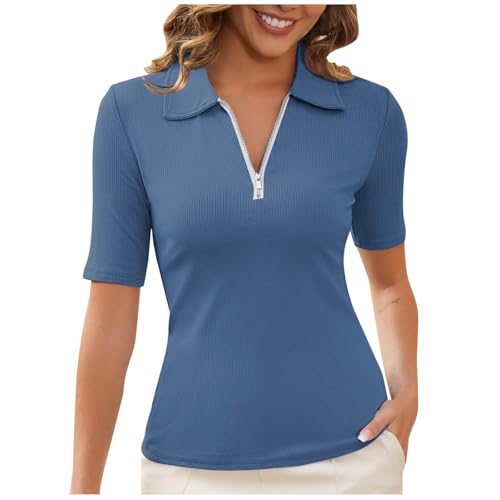 Dyhxuan Poloshirt Damen Kurzarm Polohemd Einfarbig Tennis Shirts Gerippt Strick Top Zipper V-Ausschnitt Oberteile Business Arbeit T Shirt Elegant Bluse Tunika Leicht Kurzarmshirt Revers Blusen von Dyhxuan